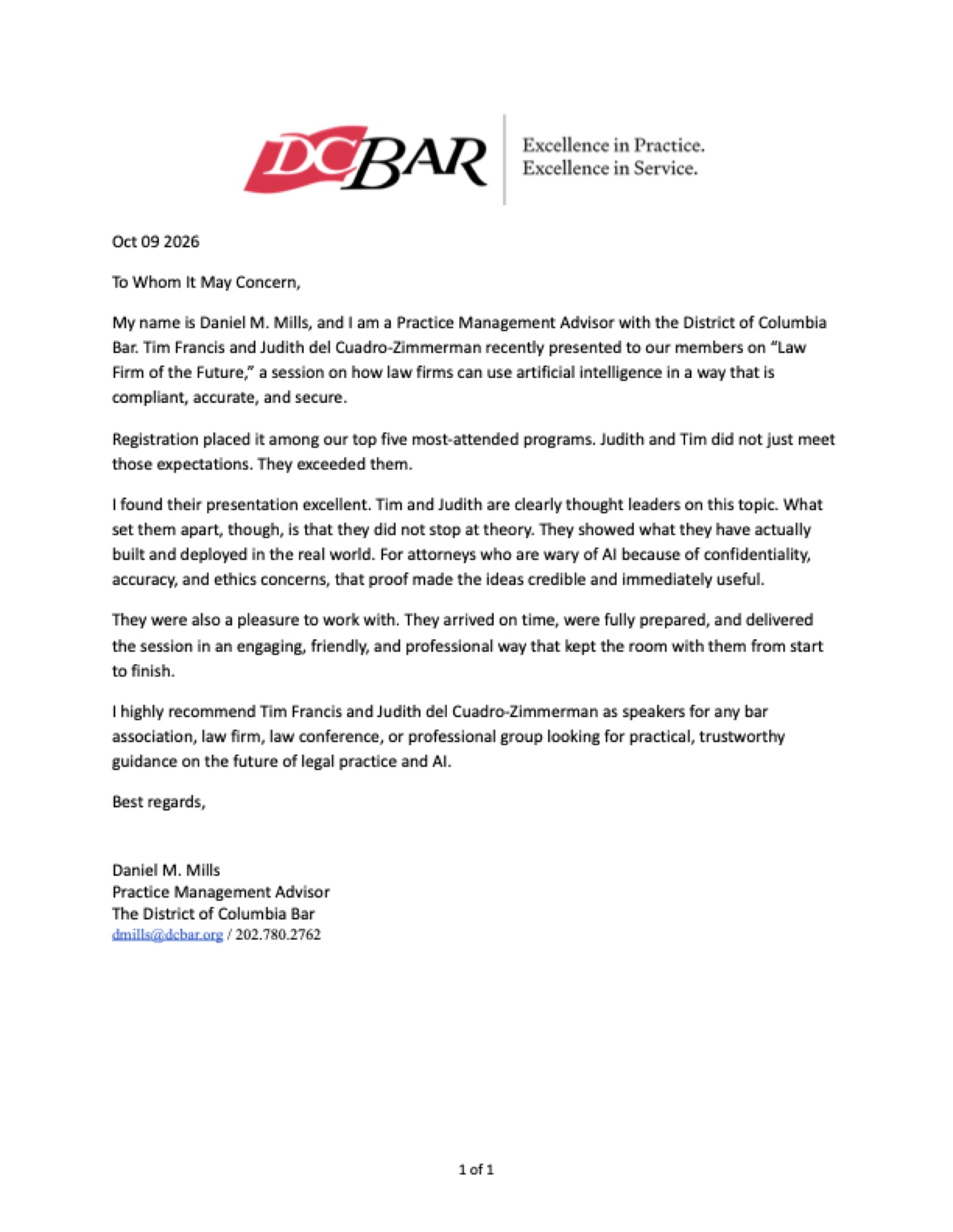 Letter of recommendation for Tim Francis from the District of Columbia Bar
